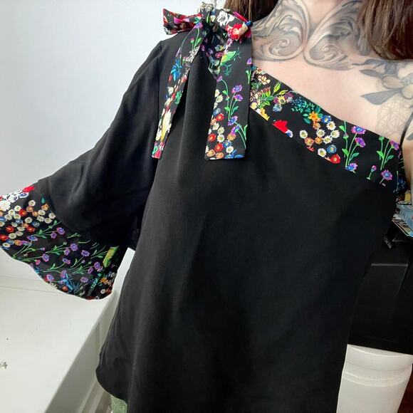 ETRO Floral Pants Set Black Silk 2pc One Shoulder Top Wide Leg Sz 42 IT / M - Picture 3 of 15